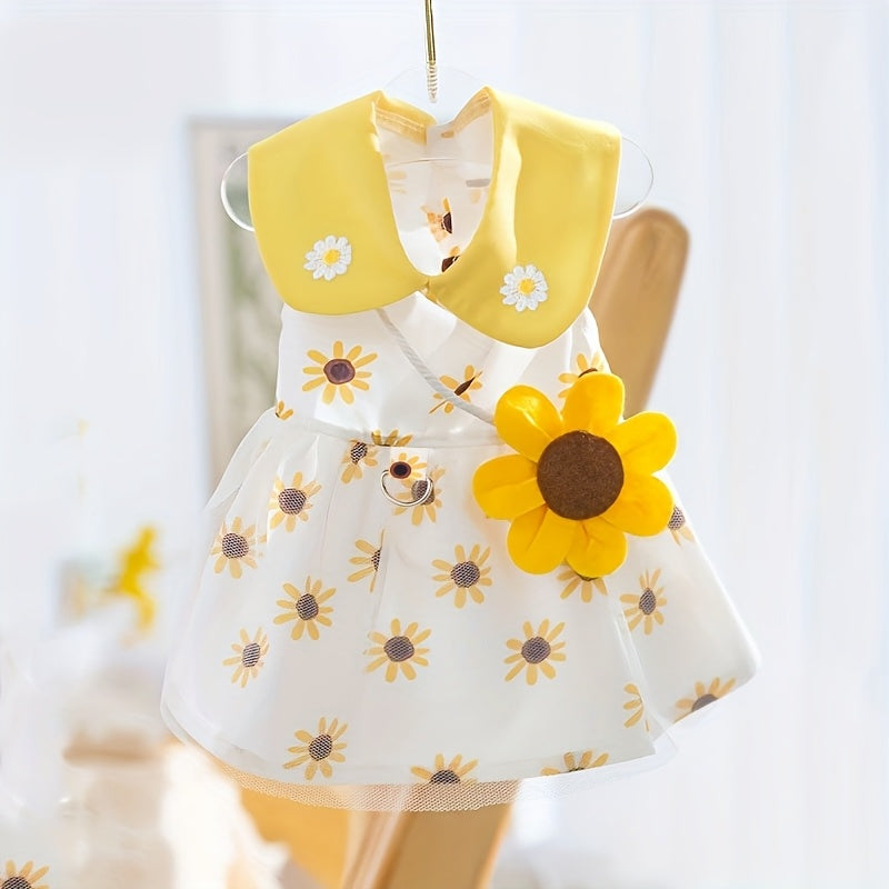 فستان جذاب للحيوانات الأليفة بتصميم دوار الشمس مع حقيبة صغيرة - ملابس بدون أكمام تسمح بالتنفس للكلاب والقطط الصغيرة/المتوسطة، تصميم زهري لربيع وصيف بأزهار صفراء وأوراق خضراء، إكسسوار أنيق للحيوانات الأليفة سهل الارتداء، ملابس كلب وقط فنية | ملابس متينة لل