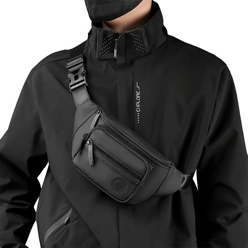 حقيبة صدرية كاجوال جديدة للرجال 2025 - حزام خصر أسود أنيق قابل للتعديل مع أقسام متعددة بسحاب، قماش متين للرياضات الخارجية والضروريات اليومية، تصميم بسيط، إغلاق بسحاب آمن