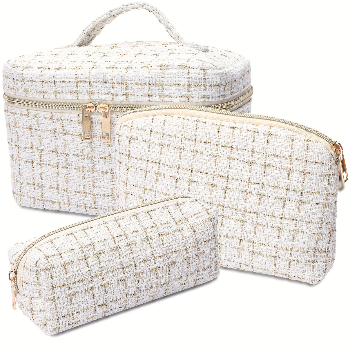 حقيبة تجميل صغيرة على شكل عطر، مجموعة مكونة من ثلاث قطع، بسيطة وأنيقة، بسعة كبيرة، مع إغلاق بسحاب، لتنظيم مستحضرات التجميل والمواد الصحية، مناسبة لتخزين مستلزمات السفر.