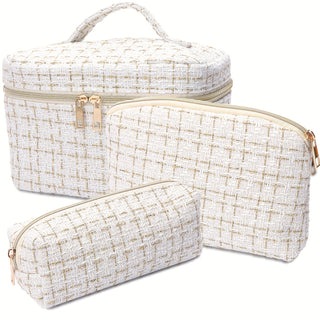 حقيبة تجميل صغيرة على شكل عطر، مجموعة مكونة من ثلاث قطع، بسيطة وأنيقة، بسعة كبيرة، مع إغلاق بسحاب، لتنظيم مستحضرات التجميل والمواد الصحية، مناسبة لتخزين مستلزمات السفر.