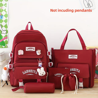 طقم حقائب ظهر بلون سادة مكون من 5 قطع، حقيبة كتف مزدوجة بسعة كبيرة، حقيبة يد بسيطة ومحفظة للعملات المعدنية، حقيبة كروسبودي عادية، حقيبة أقلام ويد، طقم حقائب مدرسية خفيفة الوزن مناسبة جدًا للاستخدام في المدارس خلال الفصل الدراسي الجديد