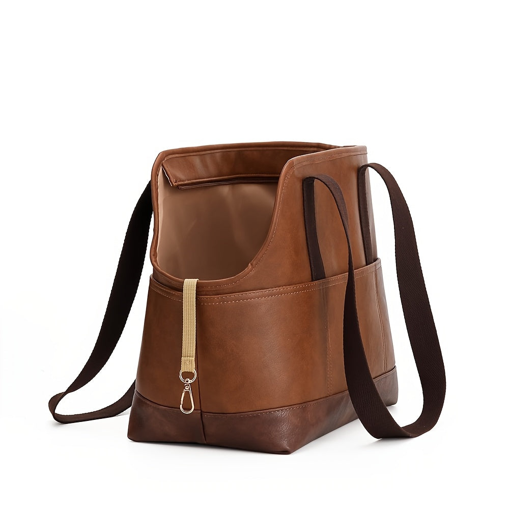 حقيبة حمل صغيرة للكلاب من جلد PU نباتي بني أنيق مع إغلاق بسحاب - حقيبة يد مريحة وآمنة للحيوانات الأليفة للمغامرات الخارجية، هدية مثالية لأمهات وأباء الكلاب، حقيبة حمل الكلاب