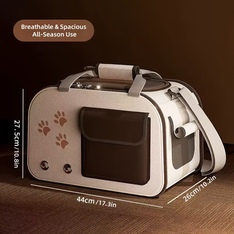 حامل سفر محمول للقطط والكلاب الصغيرة - بوليستر لجميع الفصول، بيج مع بصمات أقدام بنية، إغلاق بسحاب، مريح ومريح للحيوانات الأليفة، حامل للحيوانات الأليفة
