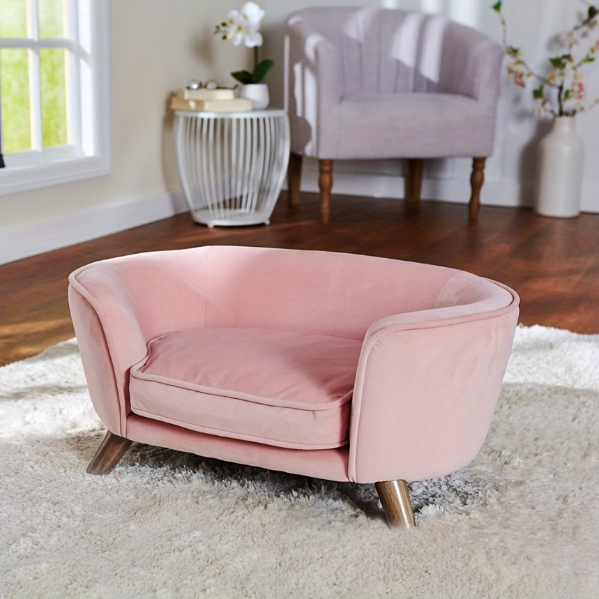 سرير أريكة مخملي وردي فاتح مريح للحيوانات الأليفة - عش محبوك ناعم للكلاب والقطط، راحة لجميع الفصول، غطاء بوليستر قابل للإزالة، تصميم عصري بأرجل خشبية، مثالي للسلالات الصغيرة إلى المتوسطة، أثاث حيوانات أليف مريح | سرير أنيق للحيوانات الأليفة | سرير حيوانات