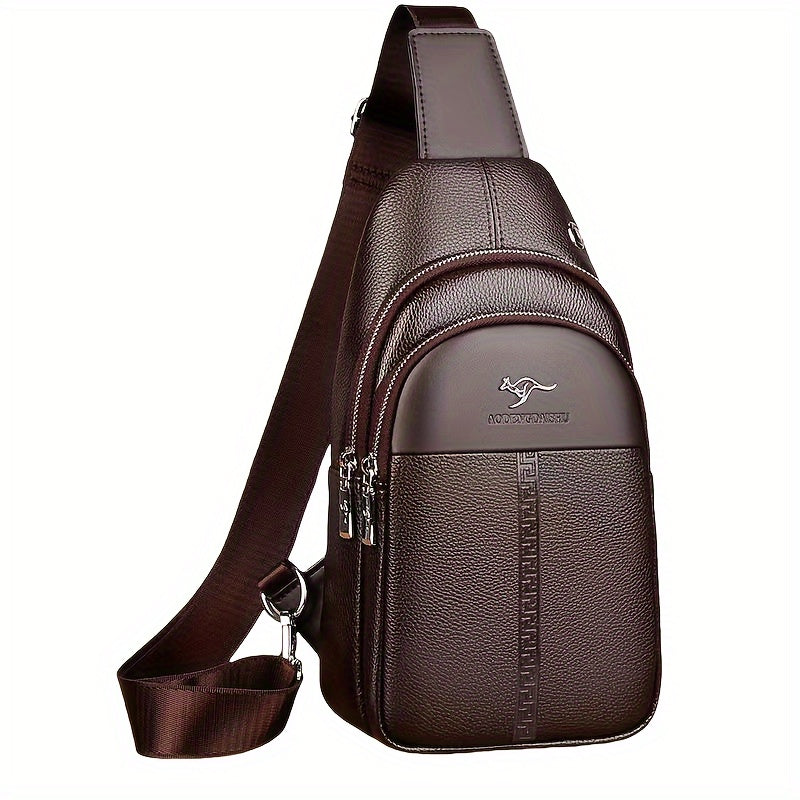 حقيبة كتف رجالية من الجلد الصناعي - ضرورية للسفر، حقيبة صدر قابلة للتعديل مع فتحة لسماعات الرأس، متينة، سوداء، عدة أقسام للاستخدام العادي في العمل