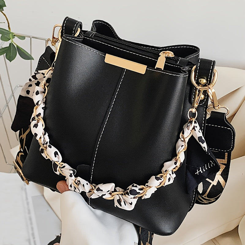 1 قطعة وشاح أنيق للسيدات، حقيبة كروس كروس من الجلد الصناعي بتصميم أنيق بلون موحد مع حزام سلسلة قابل للتعديل، إغلاق بسحاب مضاد للسرقة، متعدد الاستخدامات لمناسبات مختلفة