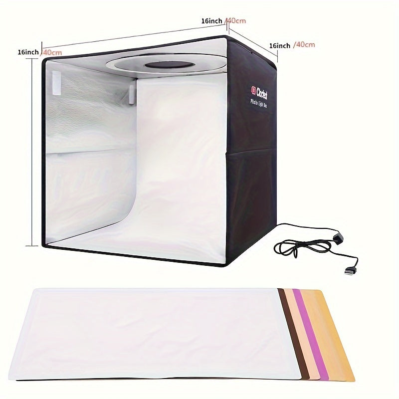 صندوق إضاءة الاستوديو، خيمة تصوير بحجم 16 بوصة × 16 بوصة مع 188 ضوء LED، درجات حرارة لون قابلة للتعديل 3 ألوان، CRI > 90، يشمل 6 ورق خلفيات وخلفيات جانبية ملونة لتسجيلات منتج جميلة متنوعة