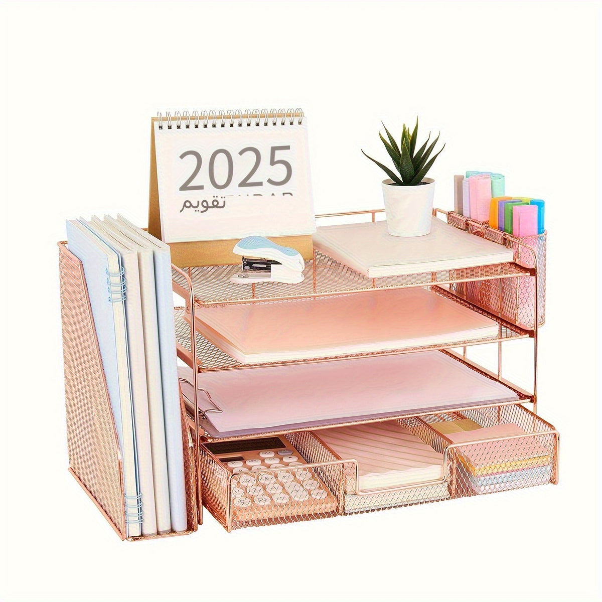 منظم مكتب ذو 4 طبقات مع أدراج وحاملين للأقلام للوازم المكتبية، صينية تنظيم الورق مع مجلدات