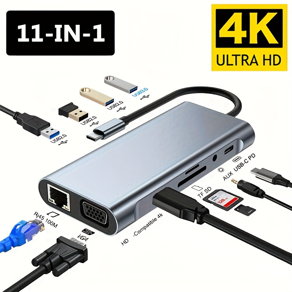 محور USB-C 11 في 1 مع دقة 4K Ultra HD، PD سريع، Ethernet جيجابايت، ميكروفون/صوت، قارئ بطاقات SD/TF - محول متعدد منافذ عالي السرعة لجهاز MacBook، Windows والمزيد من أجهزة USB-C