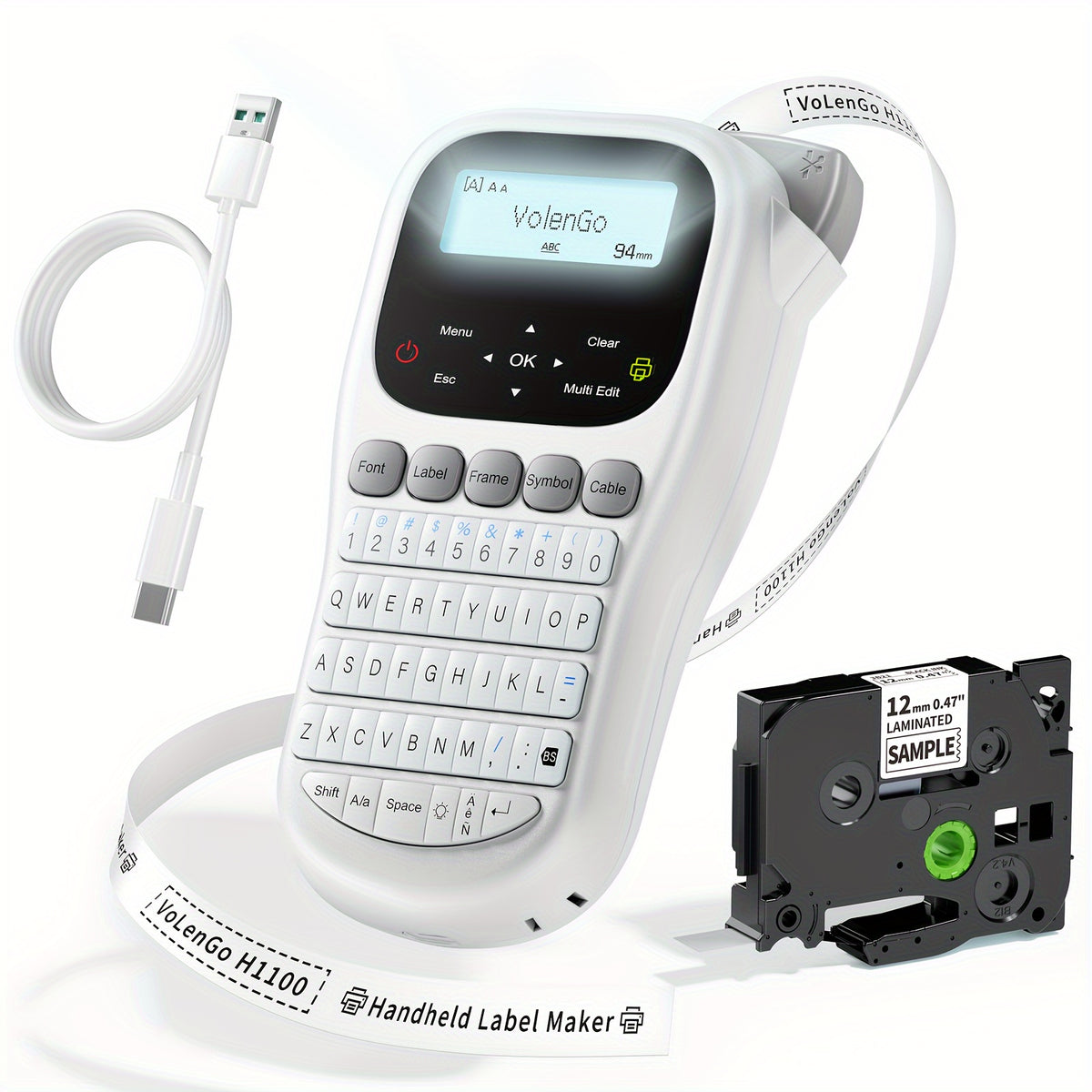 آلة وسم محمولة H1100 مع لوحة مفاتيح QWERTY، طباعة حرارية بدون حبر سهلة الاستخدام، شاشة LCD مضاءة من الخلف، خطوط ورموز وإطارات متعددة لتنظيم المنزل والمكتب