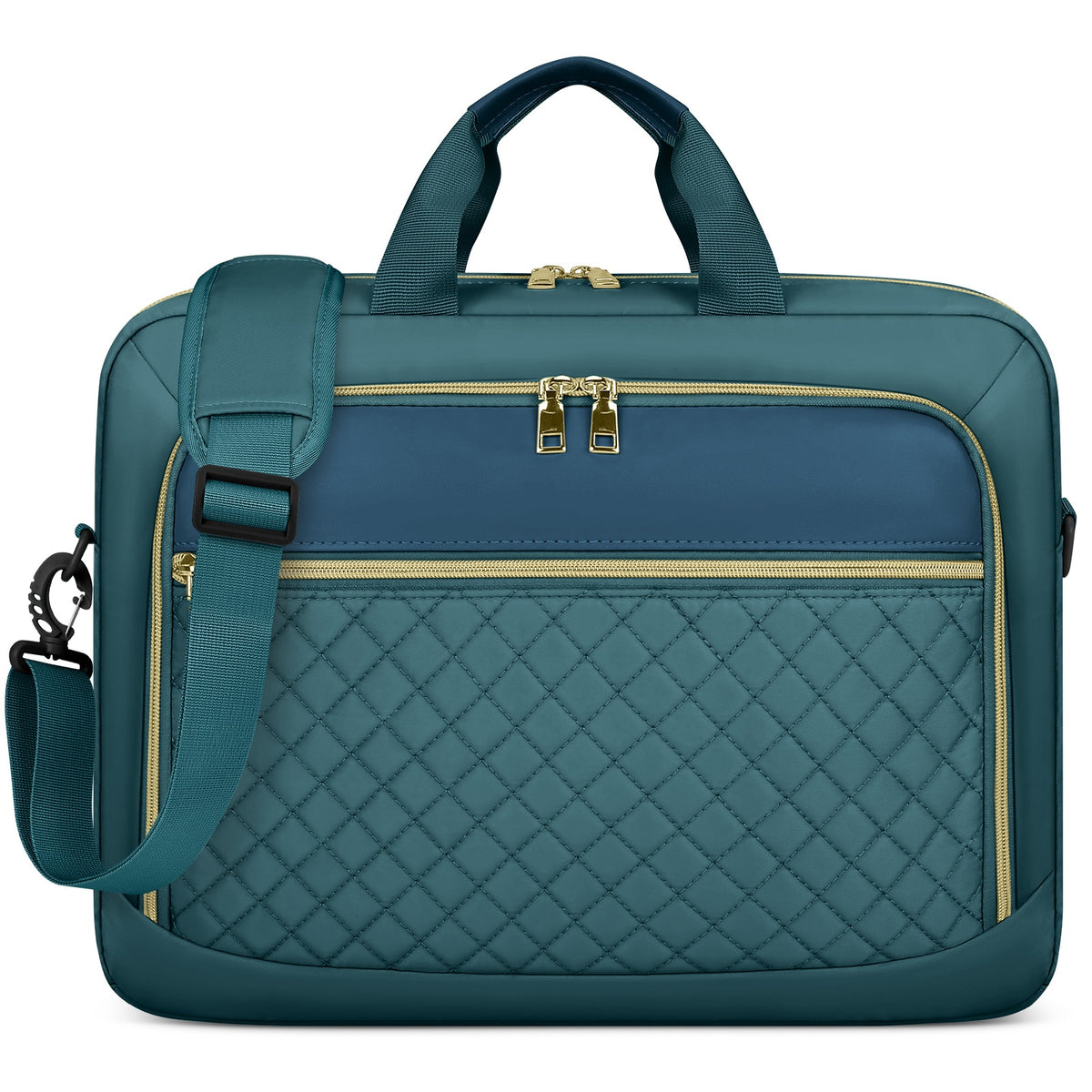 NUBILY 43.94 سم حقيبة كمبيوتر محمول كبيرة - حقيبة أعمال وكلية للجنسين مع حزام كتف مبطن، تصميم مبطن ومعدات ذهبية اللون، وردي/أخضر عميق للمكتب، والسفر، والتنقل، وحقيبة حمل الكمبيوتر المحمول، وحامل أساسيات الكلية، ونسيج مبطن، ومعدات ذهبية اللون