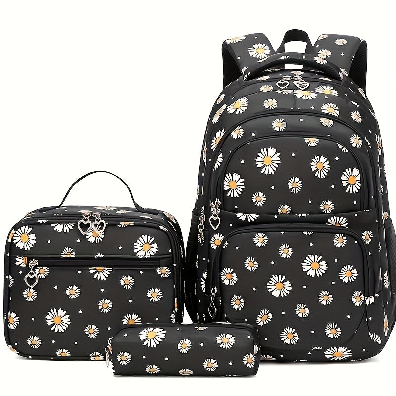 3 قطع حقيبة ظهر للمدرسة بتصميم جديد وطبعة زهرة الأقحوان، طقم 3 في 1 مع حقيبة غداء، حقيبة ظهر لطيفة بسعة كبيرة