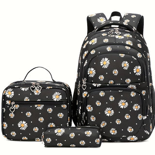 3 قطع حقيبة ظهر للمدرسة بتصميم جديد وطبعة زهرة الأقحوان، طقم 3 في 1 مع حقيبة غداء، حقيبة ظهر لطيفة بسعة كبيرة