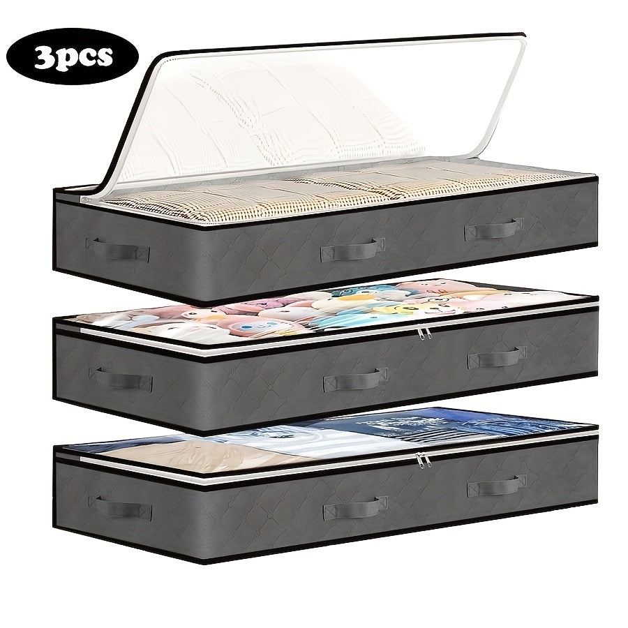 مجموعة قيمة من 3 أكياس تخزين للسرير، سعة كبيرة، حاوية تخزين للسرير مزودة بأربعة مقابض قوية، نافذة عرض علوية، مريحة للعثور على الأشياء، تخزين السرير، زيادة مساحة التخزين الداخلية، مناسبة جدًا لتنظيم الملابس الموسمية، البطانيات، الأحذية، إلخ