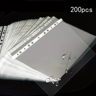 حزمة تحتوي على 200 حافظة PVC A4 شفافة، بفتحات 11 ثقبًا، أكمام ملف بلاستيكية مثقبة، أغطية ملف شفافة مقاومة للماء لتنظيم الوثائق