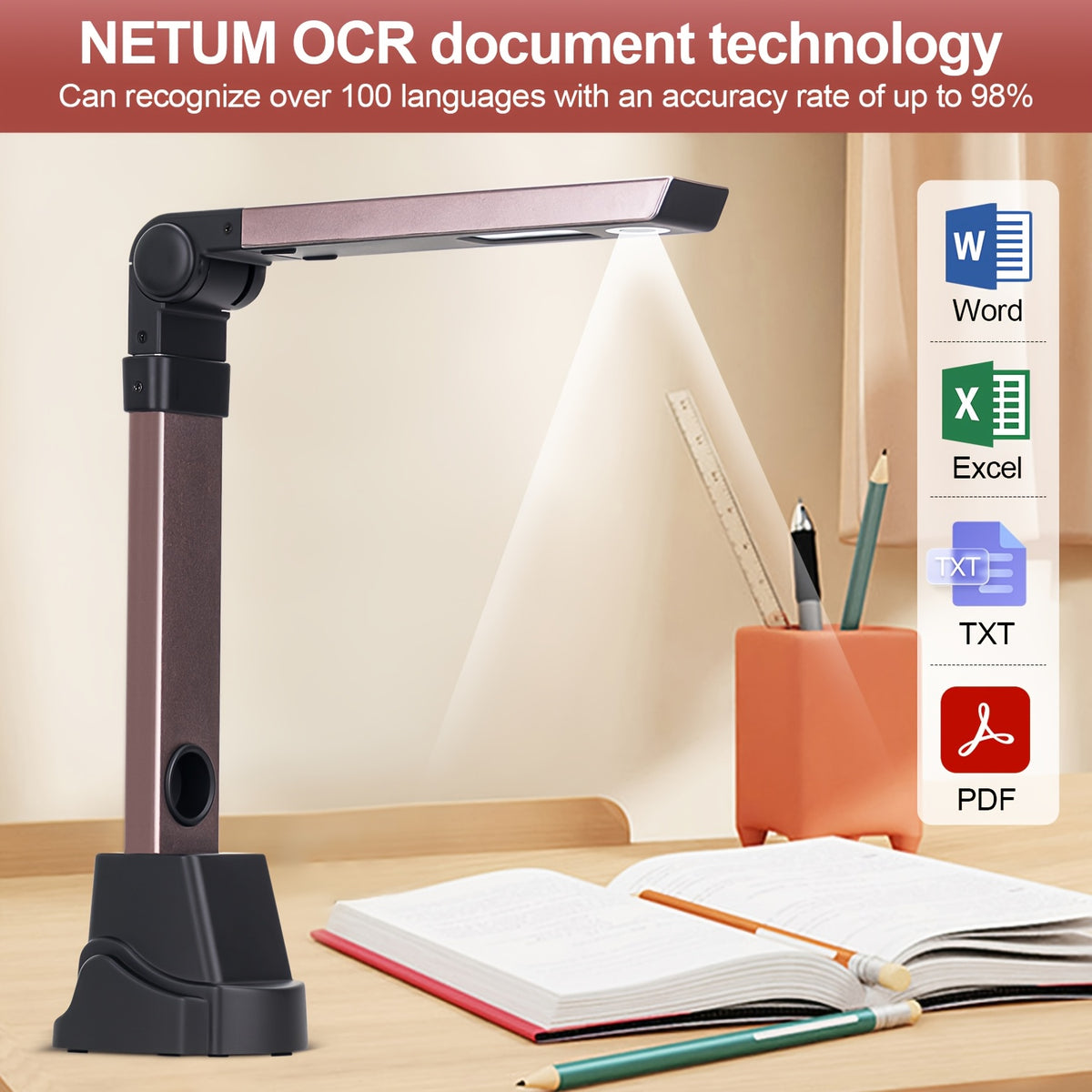 ماسح ضوئي وعدسة NETUM، بواجهة USB، متصل بأجهزة الكمبيوتر، كاميرا عالية الوضوح، ماسح سريع السرعة، مع مسجل A4 قابل للتعديل ومصباح LED محمول، مناسب للاستخدام في المكاتب والمدارس والمستشفيات والبنوك - لا يتطلب بطارية