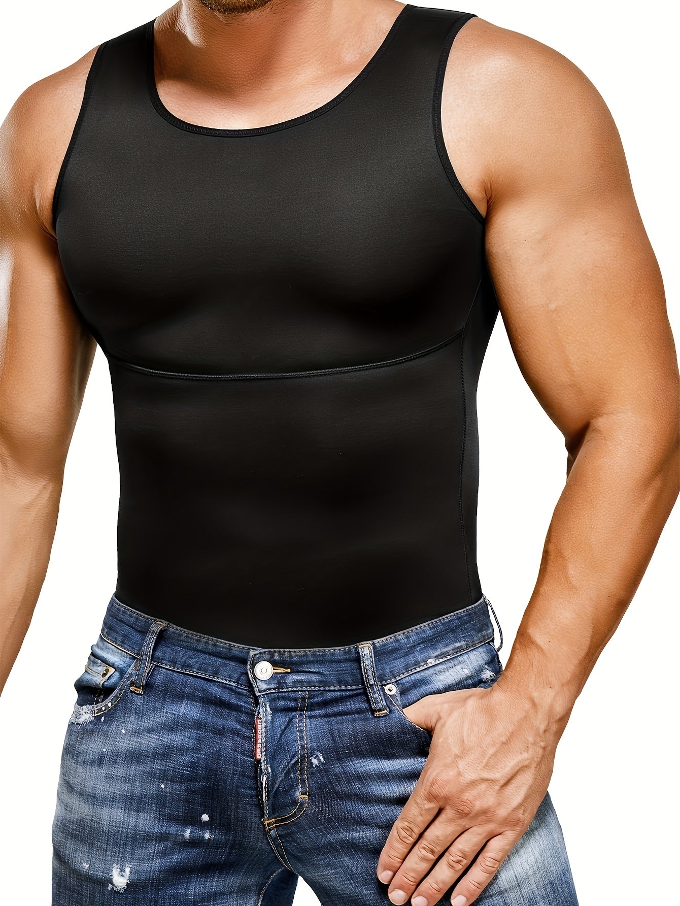 تي شيرت رجالي ضاغط للبطن - قميص داخلي مشكل للجسم، نسيج نايلون مرن، مناسب لجميع الفصول، تصميم مريح، أبيض، رقبة مستديرة، ملابس تشكيل الجسم | تصميم ضيق مريح