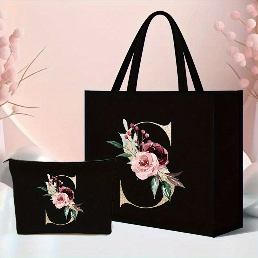 2 حقيبة حمل بنمط زهرة وحرف - خفيفة الوزن من قماش الجوت مع محفظة عملات معدنية جميلة - مثالية للتسوق والسفر والشاطئ - متينة ومتعددة الاستخدامات - للاستخدام اليومي بأسلوب عارض - مصنوعة من البوليستر