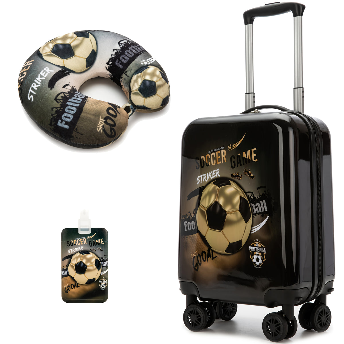 مجموعة أمتعة للأولاد بثيمة كرة القدم 16 إنش مع حقيبة سفر بعجلات وحزام ظهر ووسادة عنق مريحة معتمدة من شركات الطيران لرحلات المدرسة وبطولات كرة القدم هدية العودة إلى المدرسة