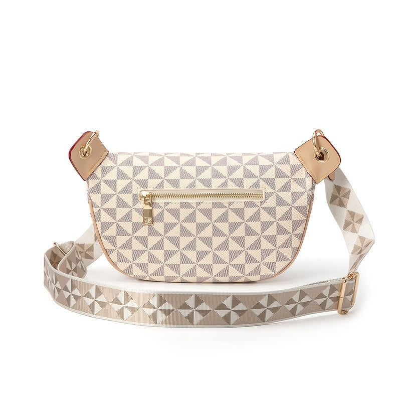 حقيبة خصر نسائية أنيقة بطبعة هندسية بيضاء مع حزام قابل للتعديل، إغلاق بسحاب، وأجزاء ذهبية اللون - حقيبة خصر كاجوال للاستخدام اليومي، حقيبة سيدات