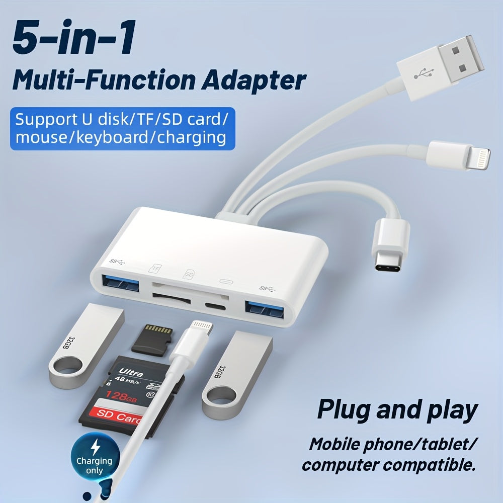 قارئ بطاقة ذاكرة متعدد الأجهزة، محول USB OTG 5 في 1، مع فتحات بطاقة Micro SD و SD، يدعم SD/Micro SD/SDHC/SDXC/MMC لجهاز iPhone/iPad، وأجهزة USB C و USB A