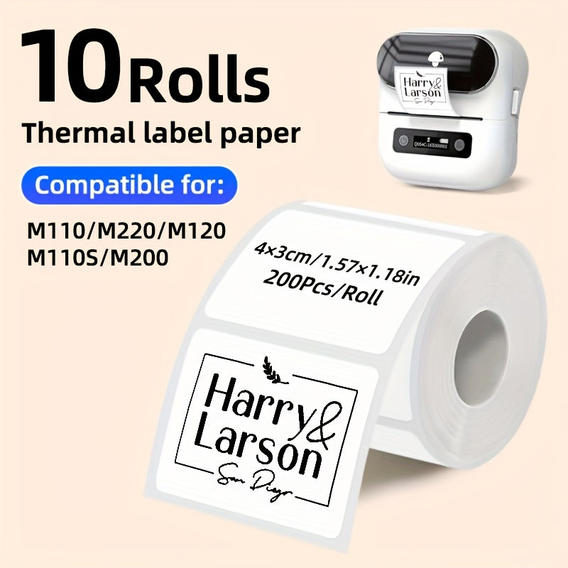 10 لفات من ملصقات التسمية، 200 ملصق لكل لفة، مقاس 40×30 مم (3.99×3.0 سم)، مناسبة للعديد من الأغراض مثل بطاقات الأسماء ومشاريع المنزل اليدوية وملصقات زجاجات الهدايا والعناوين، متوافقة مع طابعات M110S/M200M110/M220/M120