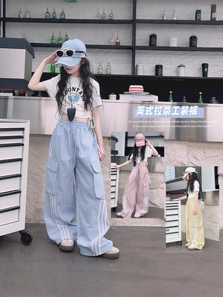 american spice بنات cargo pants for بنات صيف loose كاجوال sports pull pants in candy colors printed pattern for big أولاد
