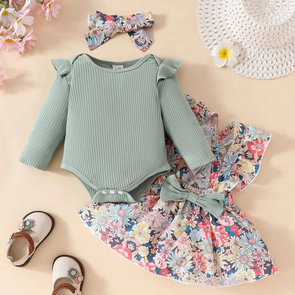 خريف 3 piece بنت rompers floral جيب headband ruffles أكمام طويلةs جديد born baby clothes full طقم