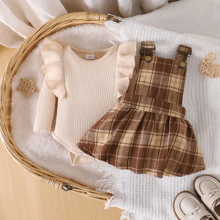 خريف أطفال clothing جديد plaid suspender جيب طقم with كم كشكش أكمام طويلة shirt for little بنات كاجوال ستايل