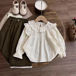 خريف جديد كاجوال children's clothing بنات mori lace embroidered blouse trousers solid two-piece female بدلة cute for بنات