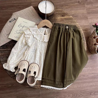 خريف جديد كاجوال children's clothing بنات mori lace embroidered blouse trousers solid two-piece female بدلة cute for بنات