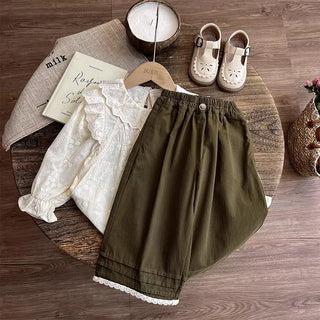 خريف جديد كاجوال children's clothing بنات mori lace embroidered blouse trousers solid two-piece female بدلة cute for بنات