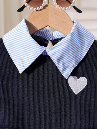خريف جديد بنات flip-collar shirt stitching توب with دينم bell pants two-piece