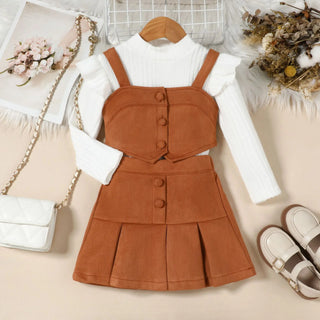 خريف جديد بنات three-piece طقم solid color fly كم توب with suspender waistcoat بليسيه cotton جيب for wear