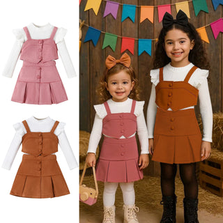 خريف جديد بنات three-piece طقم solid color fly كم توب with suspender waistcoat بليسيه cotton جيب for wear