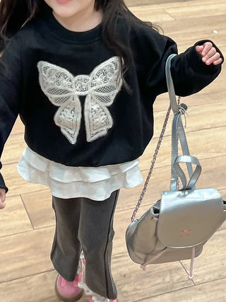 خريف جديد ستايل lace bow hoodie stacked cake جيب ستايل غربي retro bell bottom pants طقم