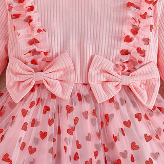 خريف أميرة baby بنت فستان exquisite bow love printed gauze جيب cotton ball gown ستايل for parties and evenings