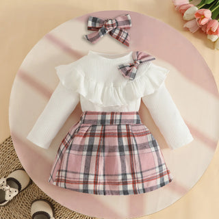 خريف شتاء female baby كاجوال outfit أكمام طويلة توب with ruffled bow classic plaid جيب hair band solid pattern ستايل