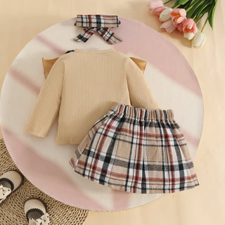خريف شتاء female baby كاجوال outfit أكمام طويلة توب with ruffled bow classic plaid جيب hair band solid pattern ستايل