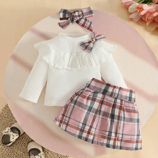 خريف شتاء female baby كاجوال outfit أكمام طويلة توب with ruffled bow classic plaid جيب hair band solid pattern ستايل