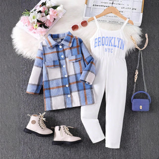 خريف/شتاء بنت's كاجوال طقم قطعتين plaid طويل-sleeved jacket and suspender جمبسوت with printed letter