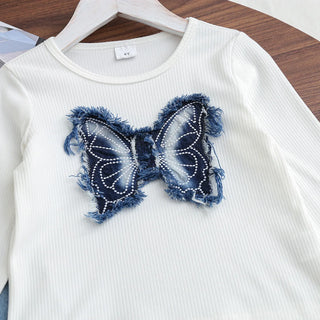 خريف شتاء جديد بنات' دينم طقم with أكمام طويلة butterfly printing sweet ستايل and solid pattern for صيف