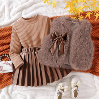 خريف and شتاء جديد بنات بدلة solid color wool sweater with طويل-sleeved توب and leather جيب three-piece بدلة