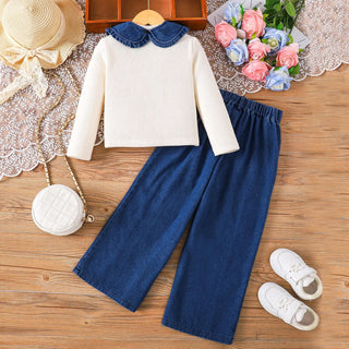 خريف and شتاء جديد small and medium sized solid color أكمام طويلةd shawl توب slimming دينم pants three piece طقم