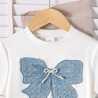خريف and شتاء جديد women's and children's طقم، bow white أكمام طويلةd sweatshirt with بليسيه دينم جيب طقم قطعتين