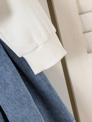 خريف and شتاء جديد women's and children's طقم، bow white أكمام طويلةd sweatshirt with بليسيه دينم جيب طقم قطعتين