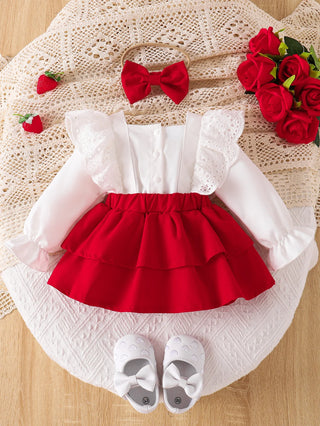 baby بنت ربيع خريف clothing طقم cotton strawberry sticking cloth small كم كشكش فستان bow hair ring 2pcs button