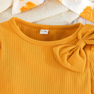 baby بنت ربيع وخريف جديد sweet طقم warm yellow توب flower printed shorts three piece طقم exquisite headscarf