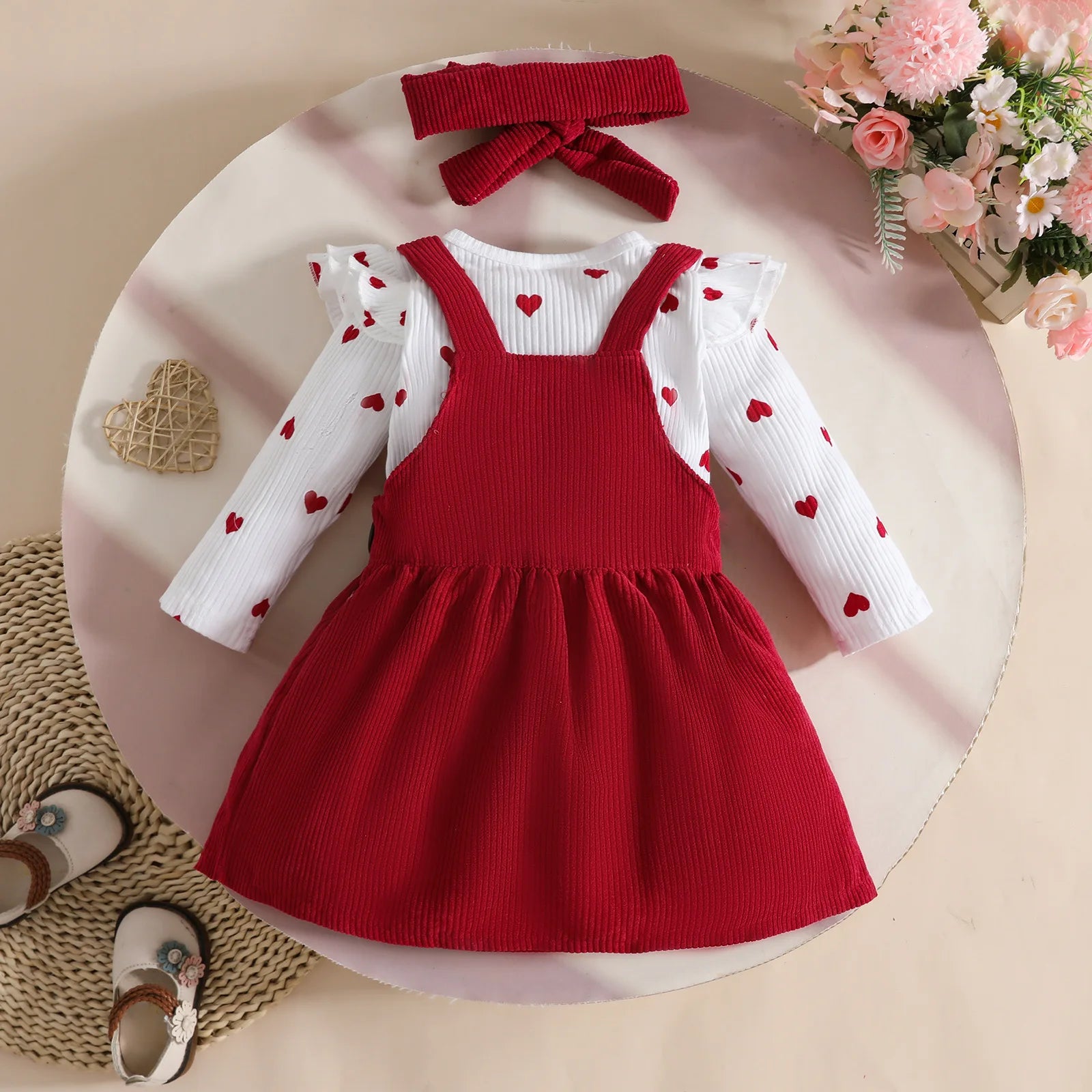 baby بنات' خريف three-piece clothing طقم أكمام طويلة love triangle harper corduroy strap جيب hair belt طقم
