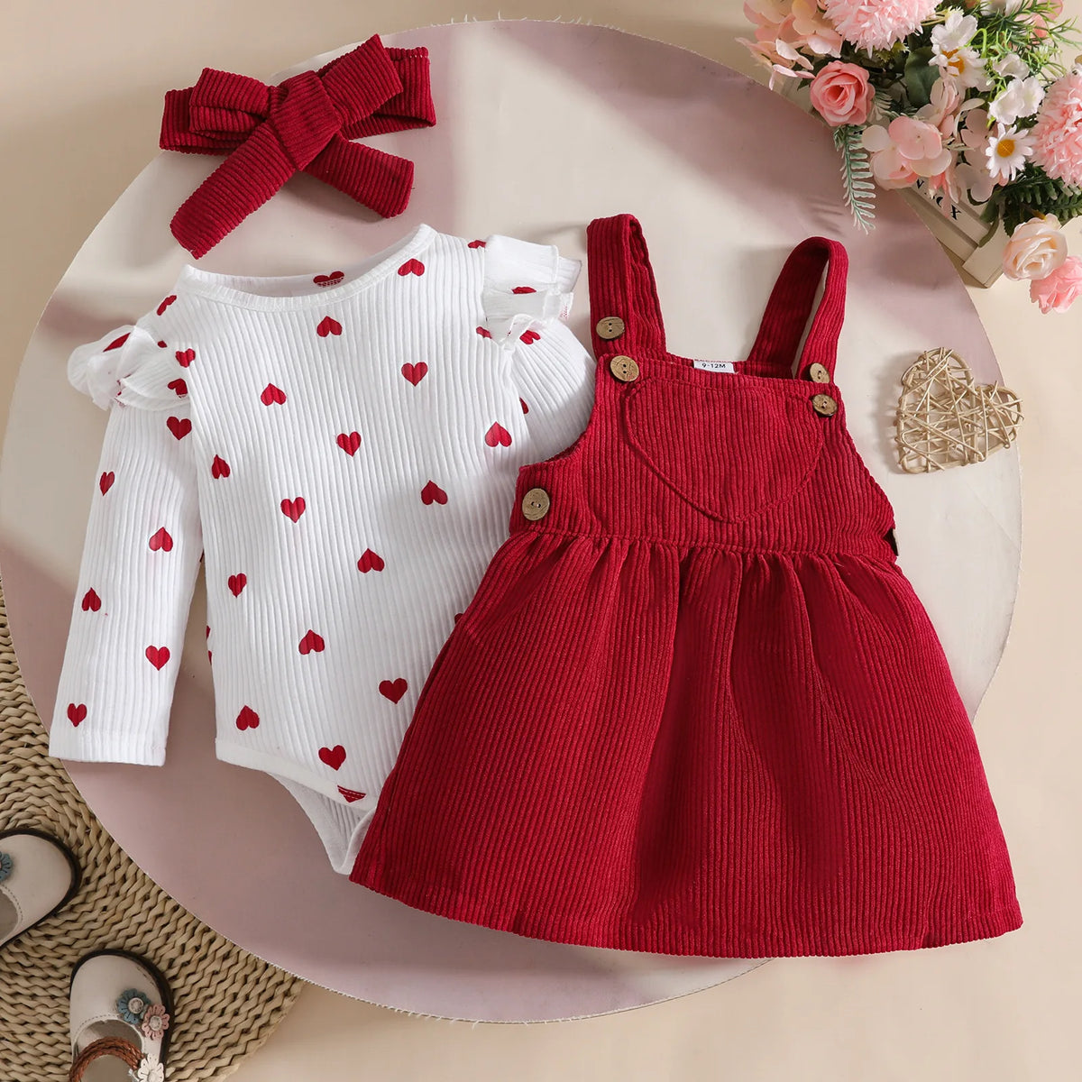 baby بنات' خريف three-piece clothing طقم أكمام طويلة love triangle harper corduroy strap جيب hair belt طقم